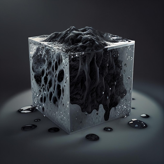Un cubo con dentro un liquido nero e dentro un liquido nero.