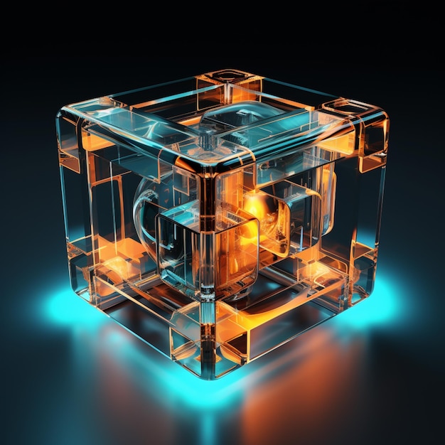 Un cubo con luci al neon blu e viola su sfondo nero 3d illustrazione visiva foto nello stile di robot futuristici