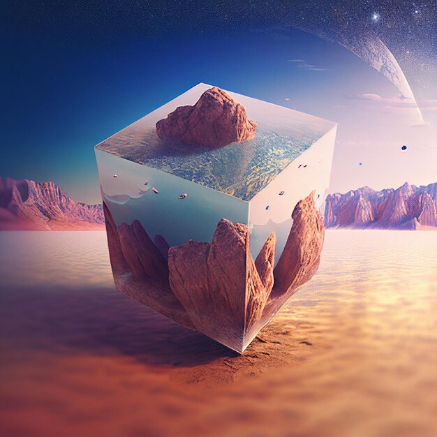 Un cubo con montagne sopra e un pianeta sullo sfondo.