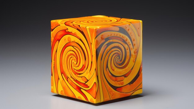 Un cubo con motivo a spirale nei toni del giallo e dell'arancione
