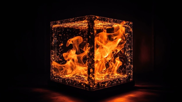 Un cubo di fuoco con delle fiamme sopra