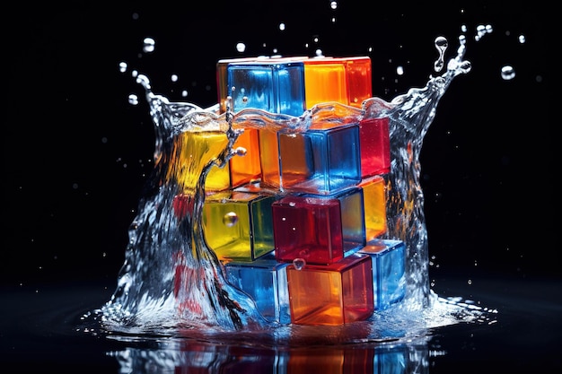 Un cubo di Rubik parzialmente risolto sommerso in acqua con bolle d'aria che si alzano