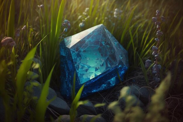 Un cubo di vetro blu si trova nell'erba con un fiore sullo sfondo.