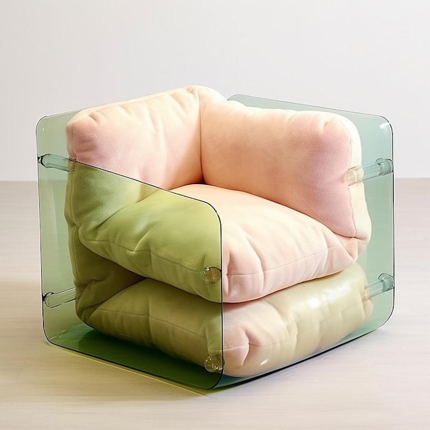 un cubo di vetro con un divano verde e rosa e un cubo di vetro.