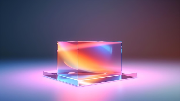 Un cubo di vetro con uno sfondo colorato