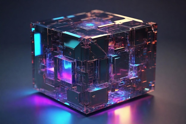 un cubo fatto di cubi con luci viola e blu