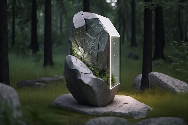 Un cubo nero si trova su una roccia nella foresta