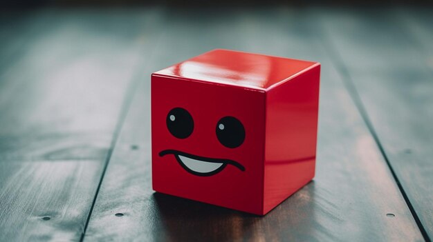 Un cubo rosso con una faccia sorridente si trova su un tavolo.