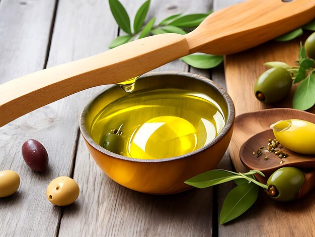 Un cucchiaio di legno con olive e olio d'oliva