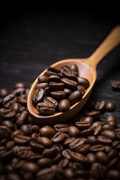 Un cucchiaio di legno pieno di chicchi di caffè è pieno di chicchi di caffè.