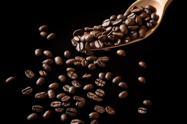 Un cucchiaio di legno pieno di chicchi di caffè è pieno di chicchi di caffè.