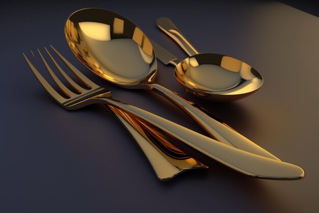 Un cucchiaio e una forchetta d'oro sono su un tavolo con uno sfondo nero.