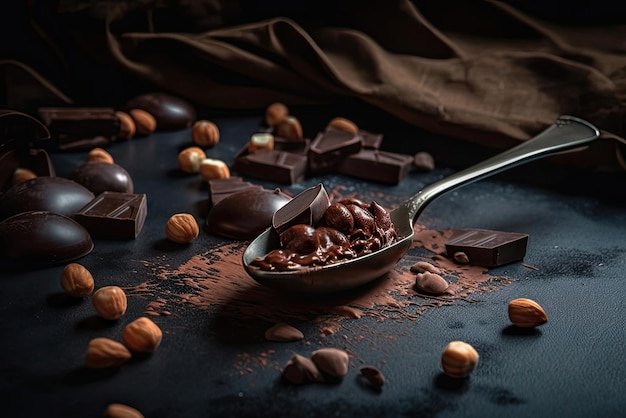 Un cucchiaio pieno di cioccolato e nocciole su una superficie scura