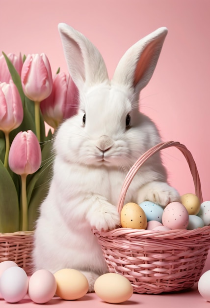 Un cucciolo bianco carino tiene un cesto di vimini con uova di Pasqua dipinte con tulipani su uno sfondo rosa morbido