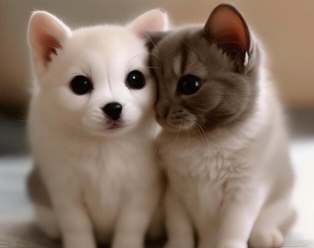 Un cucciolo bianco e un cucciolo bianco sono seduti uno accanto all'altro.