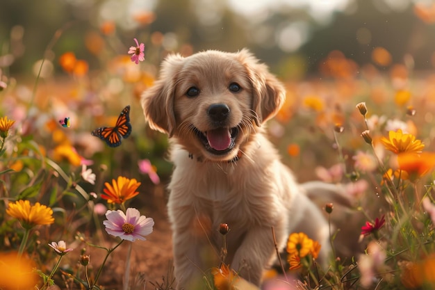 Un cucciolo carino che gioca in un campo di fiori con la coda agitata e l'espressione felice