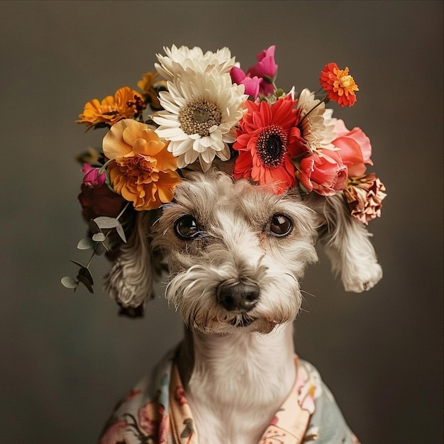 Un cucciolo carino ed elegante con dei fiori.