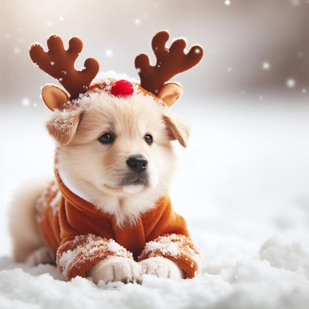 Un cucciolo carino in costume di renna.