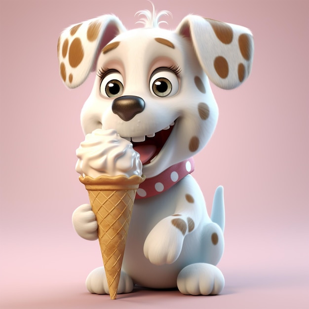 Un cucciolo carino in stile 3D che mangia il gelato.