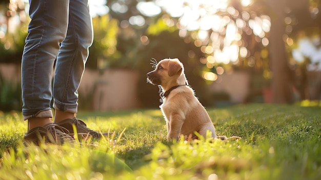Un cucciolo carino seduto sull'erba e che guarda il suo padrone Il cucciolo è di colore marrone dorato e il padrone indossa jeans blu e scarpe marroni
