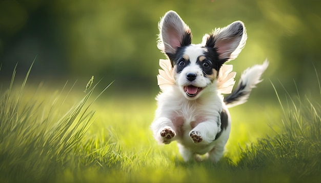 Un cucciolo che corre nell'erba