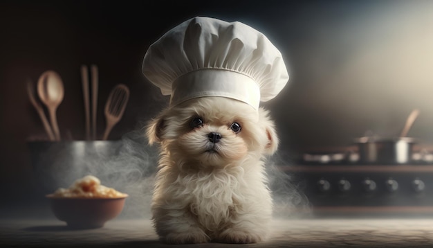 Un cucciolo che indossa un cappello da chef si siede su un tavolo davanti a una ciotola di cibo.