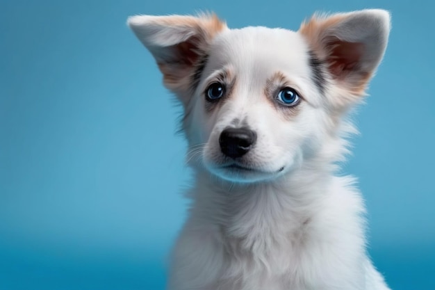 Un cucciolo con gli occhi azzurri e la faccia bianca con il naso nero e gli occhi azzurri.