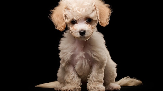 un cucciolo con i capelli ricci si siede su uno sfondo nero.