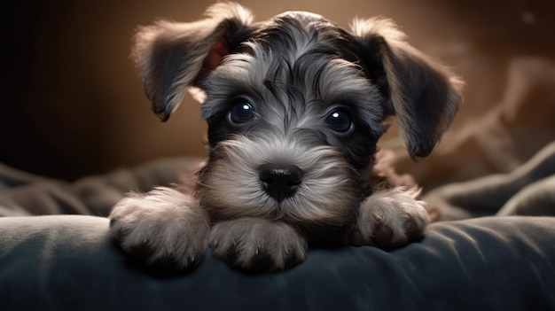 un cucciolo con la faccia triste è sdraiato su un cuscino nero.