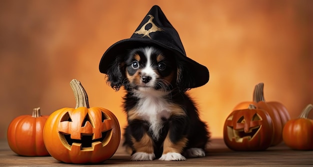 Un cucciolo con un cappello da strega siede accanto alle zucche.