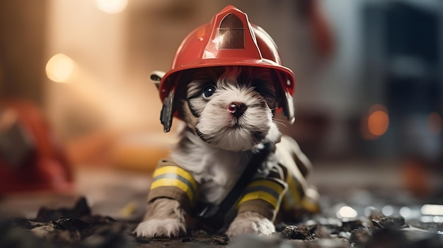 Un cucciolo con un casco di vigile del fuoco