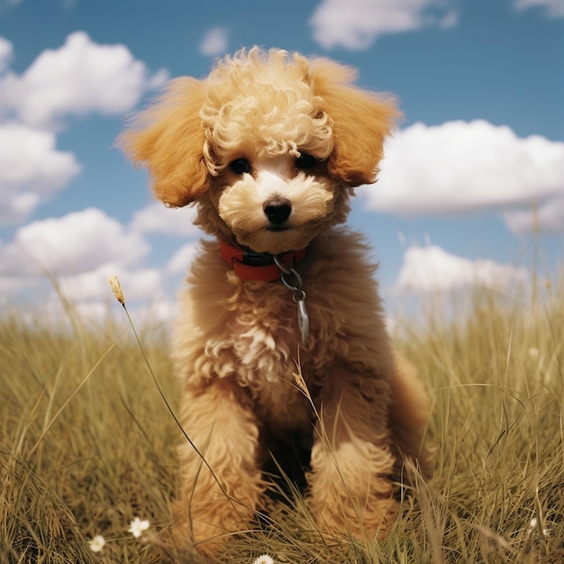 un cucciolo con un tag sul collare si siede in un campo di erba