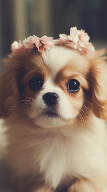 Un cucciolo con una corona di fiori in testa