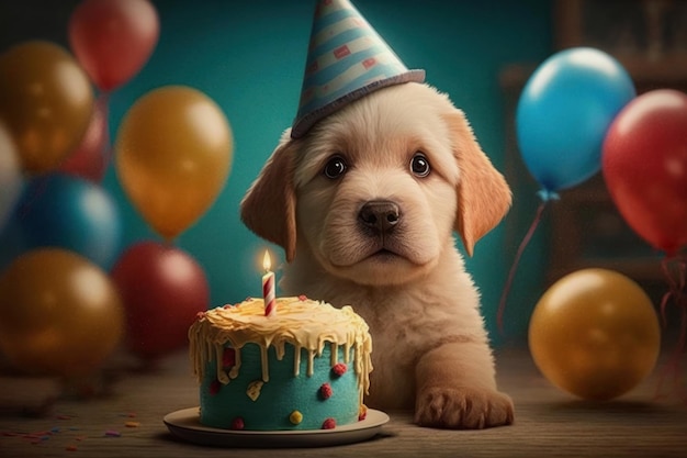 Un cucciolo con una torta di compleanno e un cappello di compleanno