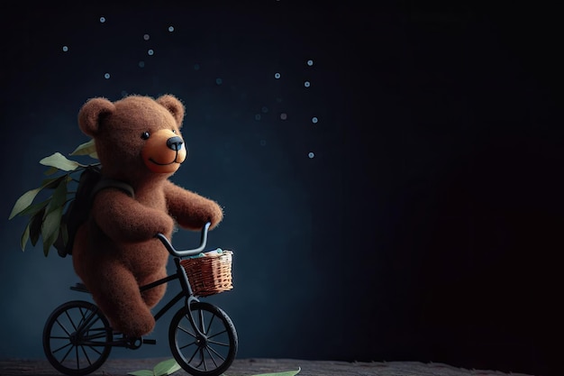 Un cucciolo d'orso carino che va in bicicletta su uno sfondo scuro Luogo per il testo