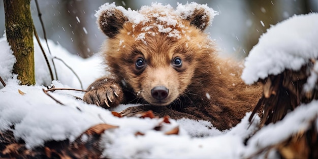 un cucciolo d'orso sdraiato nella neve nel bosco