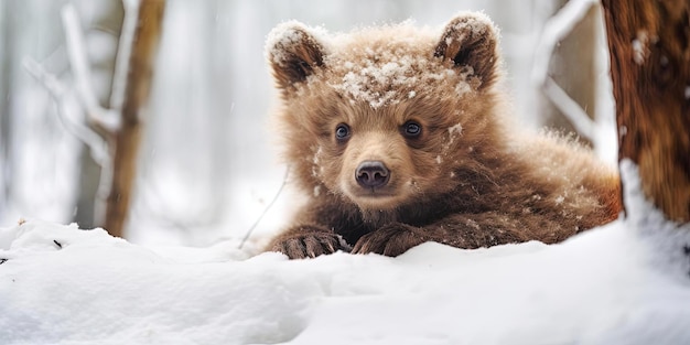 un cucciolo d'orso sdraiato nella neve nel bosco