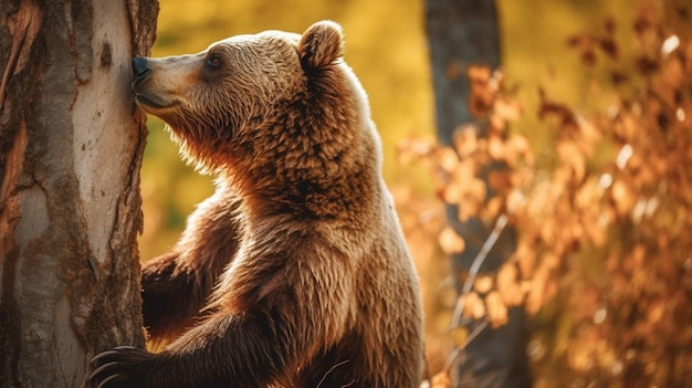 Un cucciolo d'orso sta baciando un albero in una foresta.