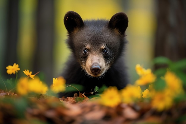 un cucciolo d'orso sta guardando la telecamera con dei fiori gialli sullo sfondo