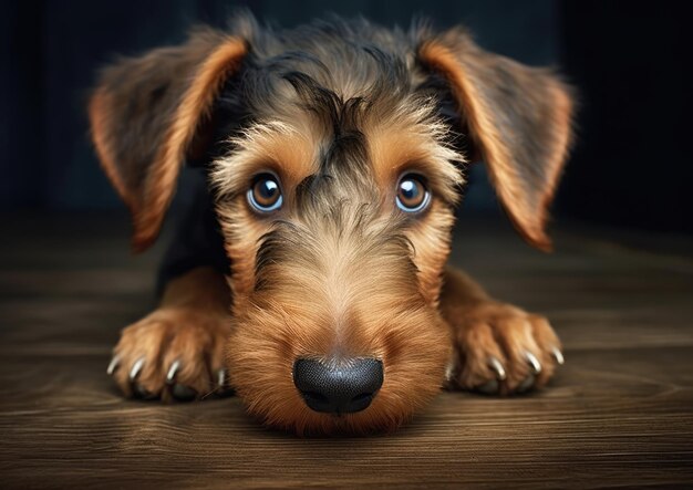 Un cucciolo di Airedale Terrier con i suoi occhi luminosi e le orecchie flosce