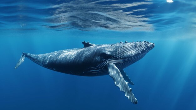 Un cucciolo di balena a gobba gioca vicino alla superficie in acque blu