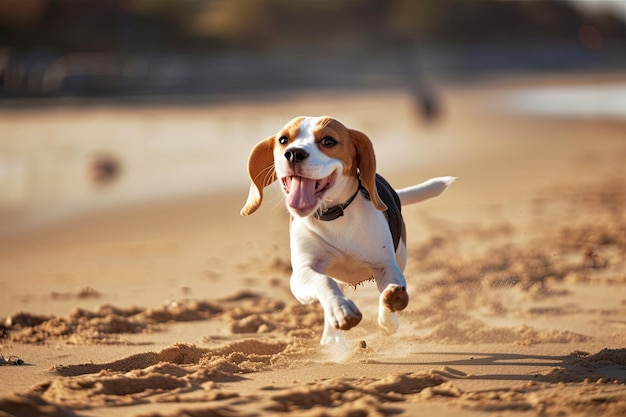 Un cucciolo di beagle che si diverte sulla sabbia