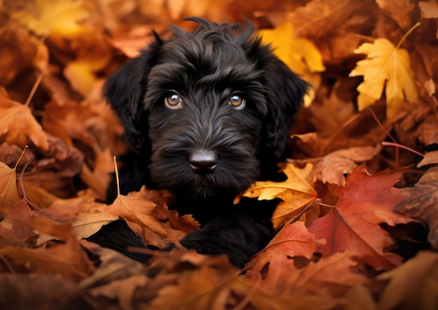 Un cucciolo di Black Russian Terrier che esplora con curiosità un mucchio di foglie autunnali