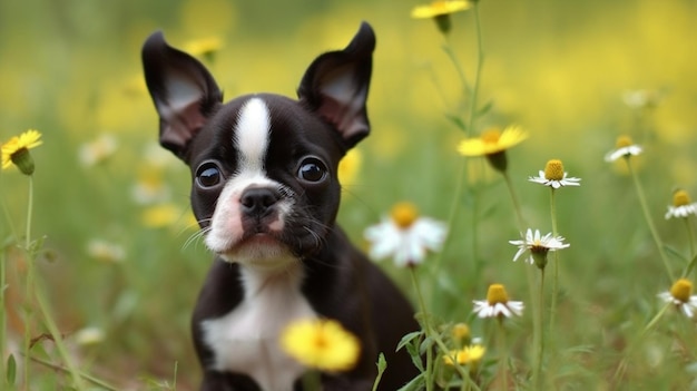 Un cucciolo di Boston terrier in un campo di fiori