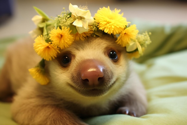 un cucciolo di bradipo con una corona di fiori in testa