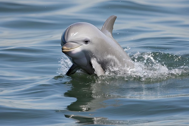 Un cucciolo di delfino che salta dall'acqua con le pinne e la coda in bella vista, creato con l'intelligenza artificiale generativa