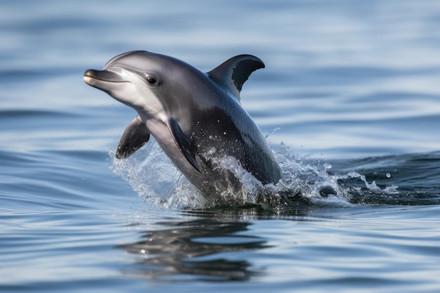 Un cucciolo di delfino che salta fuori dall'acqua con la coda in aria creato con l'intelligenza artificiale generativa