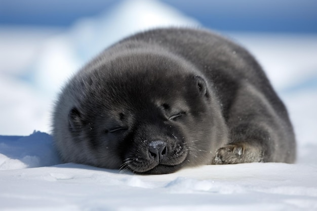 Un cucciolo di foca con gli occhi chiusi che fa un pisolino sul ghiaccio creato con l'AI generativa