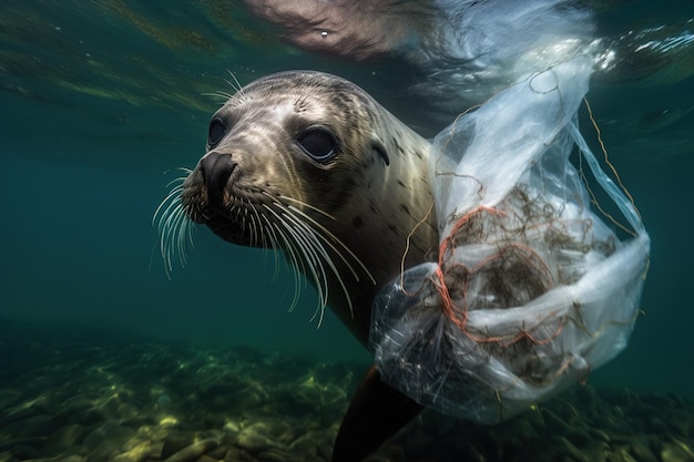 Un cucciolo di foca intrappolato in detriti di plastica galleggianti nella fotografia subacquea del Nord Pacifico