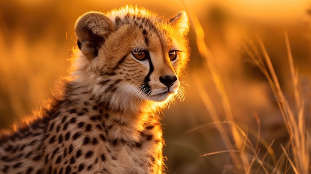 Un cucciolo di ghepardo si trova nell'erba al tramonto